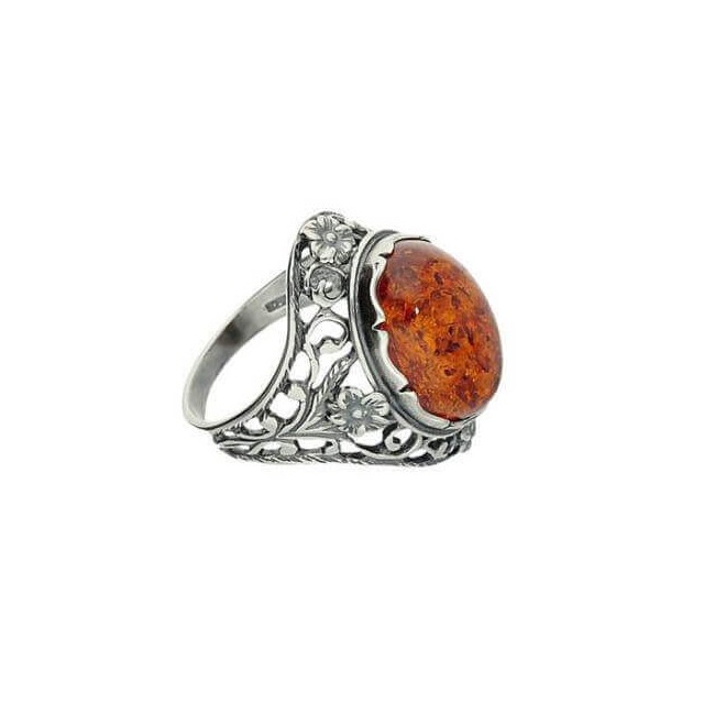 Silver oxidized ring with amber PK 1986 cognac
