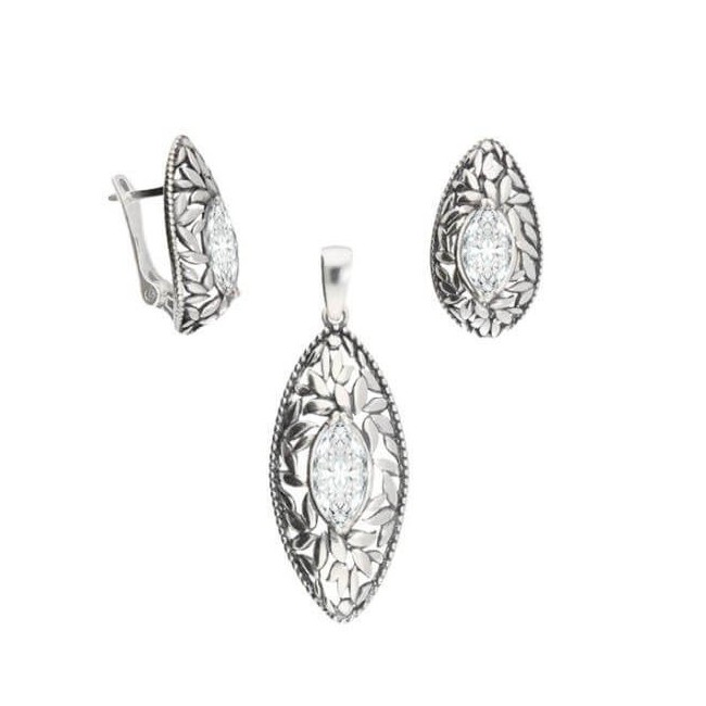 Oxidized silver pendant with white zircon W 1937