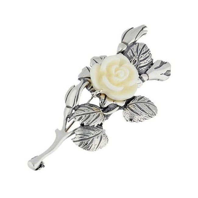 Silver Brooch White Rose B 74
