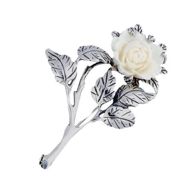 Silver Brooch White Rose B 75