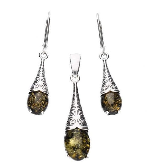 Srebrny pierścionek z zielonym bursztynem PK 1970 bursztyn|Polcaratdesign.pl Biżuteria