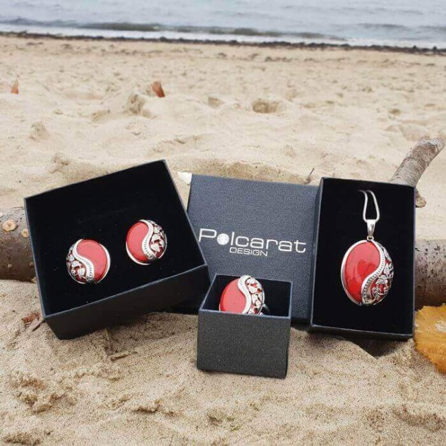 Silver oxidized ring with coral PK 1716 coral