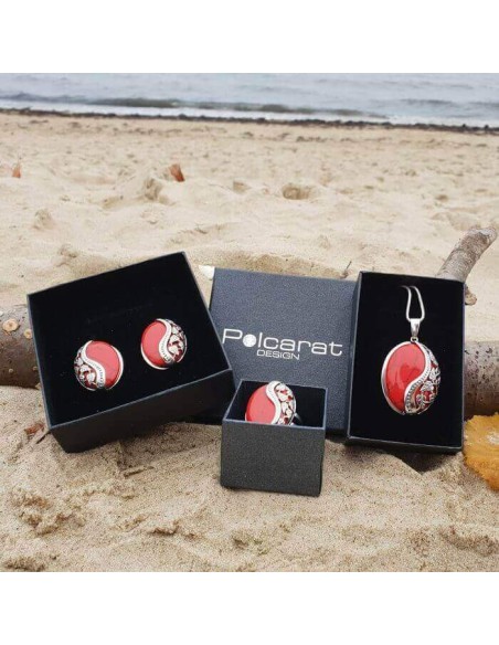 Silver oxidized ring with coral PK 1716 coral