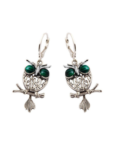 Silver earrings with malachites OWL K 1669
