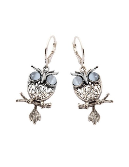 Silver owl earrings with cat's eye k 1669 cat's eye
