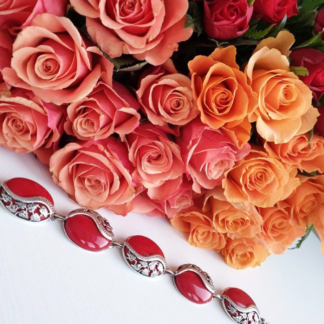 Srebrna bransoletka z koralem L 1716 Koral|Polcaratdesign.pl Biżuteria