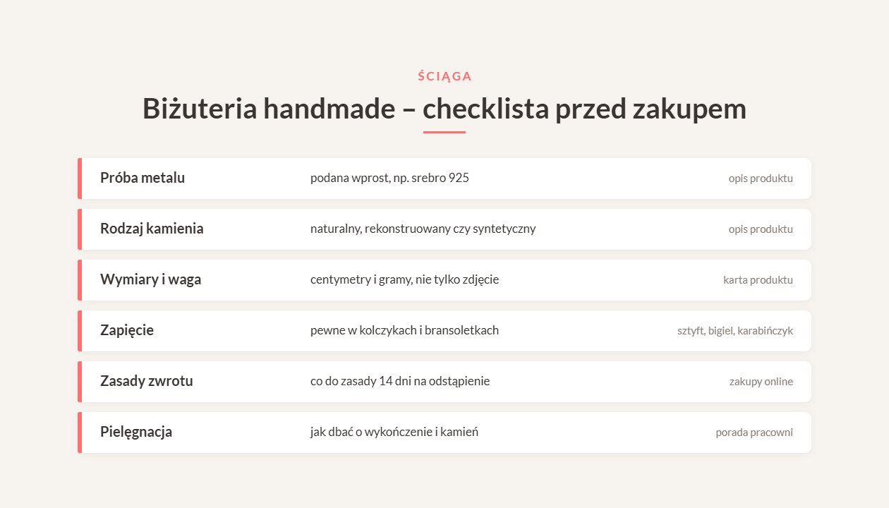 Biżuteria ręcznie robiona – checklista przed zakupem: próba srebra, kamień, wymiary, zapięcie, zwrot