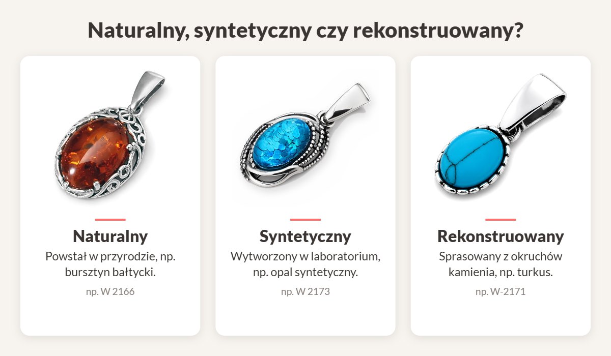 Kamień naturalny, syntetyczny i rekonstruowany – wisiorki z bursztynem bałtyckim W 2166, opalem syntetycznym W 2173 i turkusem rekonstruowanym W-2171