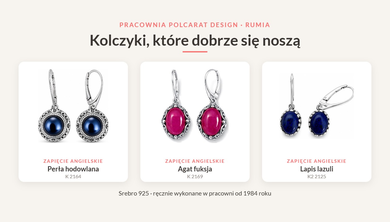 Srebrne kolczyki z zapięciem angielskim z pracowni Polcarat Design – perła, agat fuksja i lapis lazuli