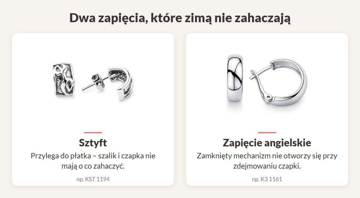 Porównanie zapięć: sztyft i zapięcie angielskie – kolczyki, które zimą nie zahaczają o szalik