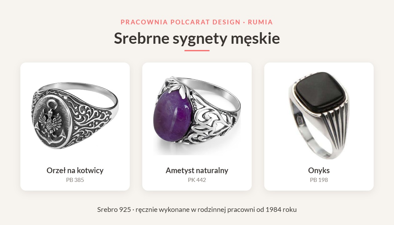 Srebrne sygnety męskie z pracowni Polcarat Design – z orłem na kotwicy, z ametystem i z onyksem