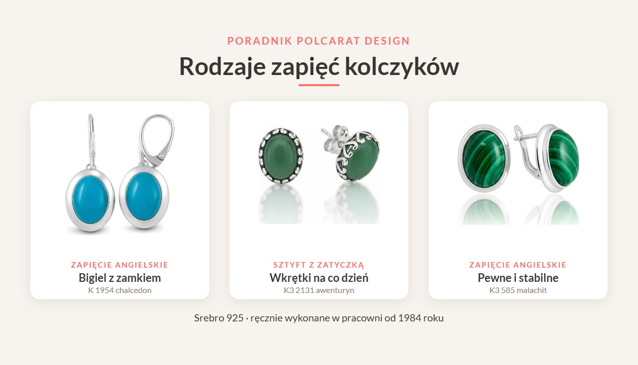 Rodzaje zapięć kolczyków – zapięcie angielskie i sztyft z zatyczką w srebrnych kolczykach Polcarat Design